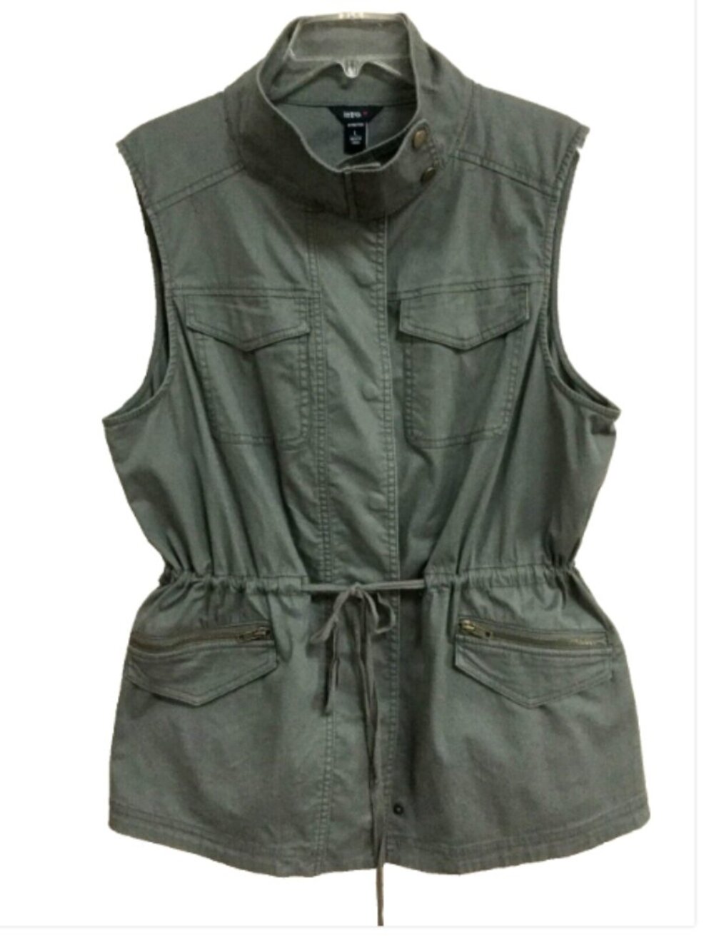 Intro. Womens Size L Military Safari Vest Topper Top Sleeveless Snap Front Green